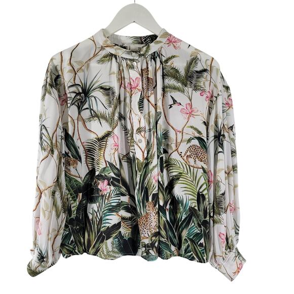 H&M Tops - H&M Blouse Womens Sz 12 Cheetah Jungle Print Floral Novelty Long Sleeve